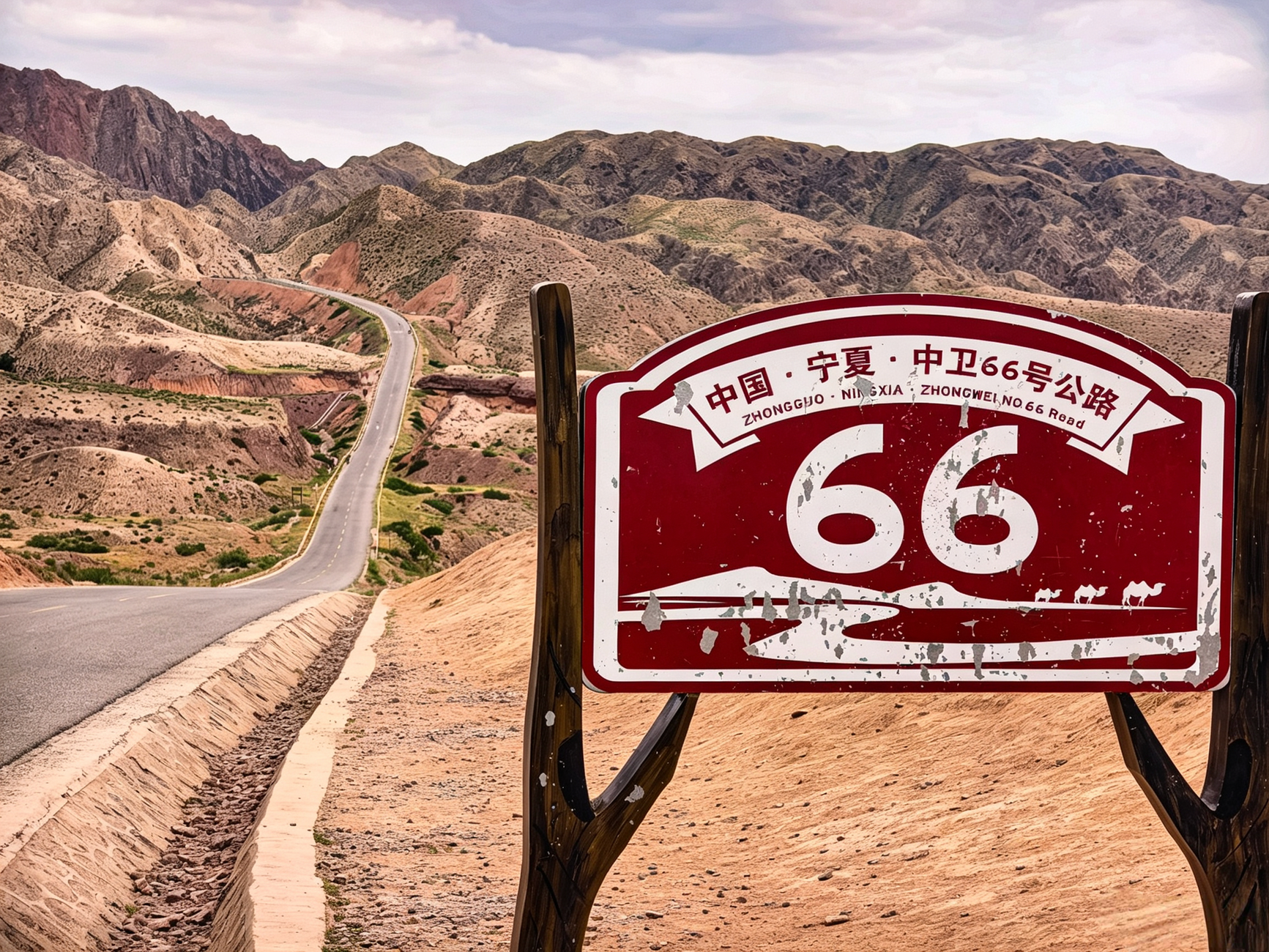 Placa histórica da Rota 66 em uma estrada no deserto
